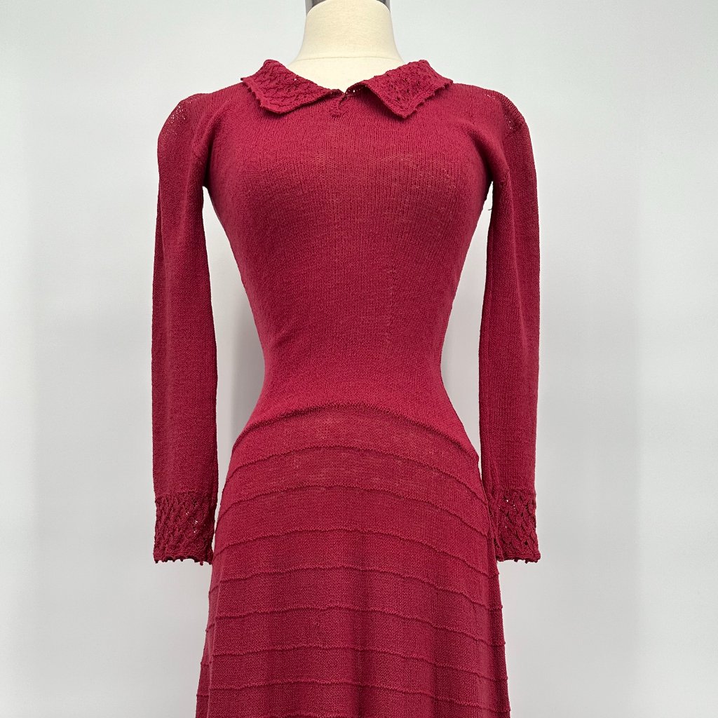 Vintage 1930s Cranberry Red Rare Rayon Blend Knit Maxi Dress